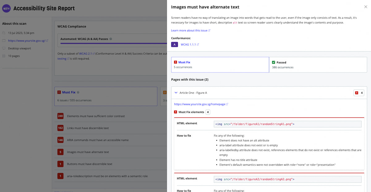 Purple A11y will generate an accessibility site report that highlights bugs and suggests fixes.